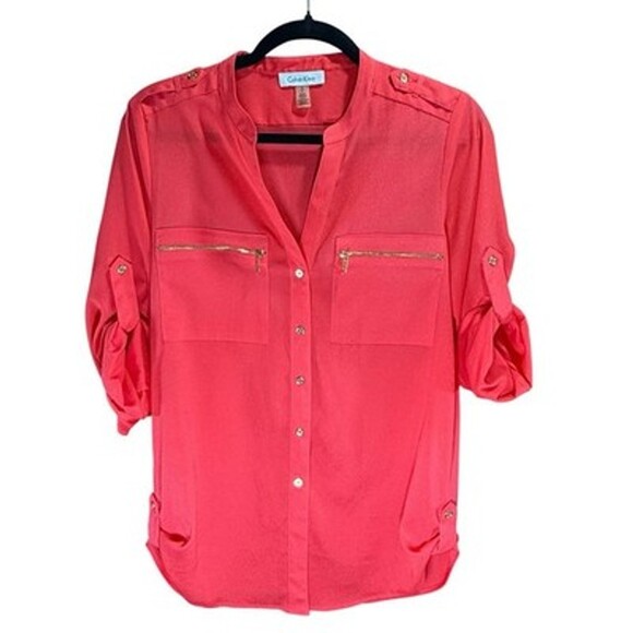 Calvin Klein Collection Tops - Calvin Klein Women's Coral Zip Pocket Roll Tab Long Sleeve Blouse Size S